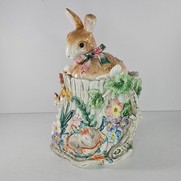Vintage Fitz & Floyd Woodland Spring Bunny Rabbit Canister Jar *Chips* - Picture 5 of 9